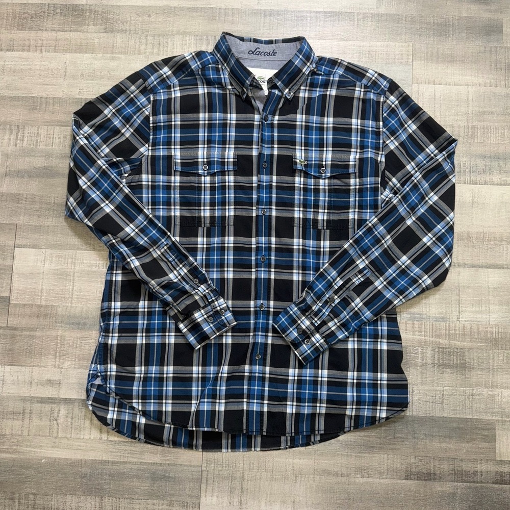 Lacoste Slim Fit Shirt Men's 42 Blue Plaid Button Up Long Sleeve Chest Pocket